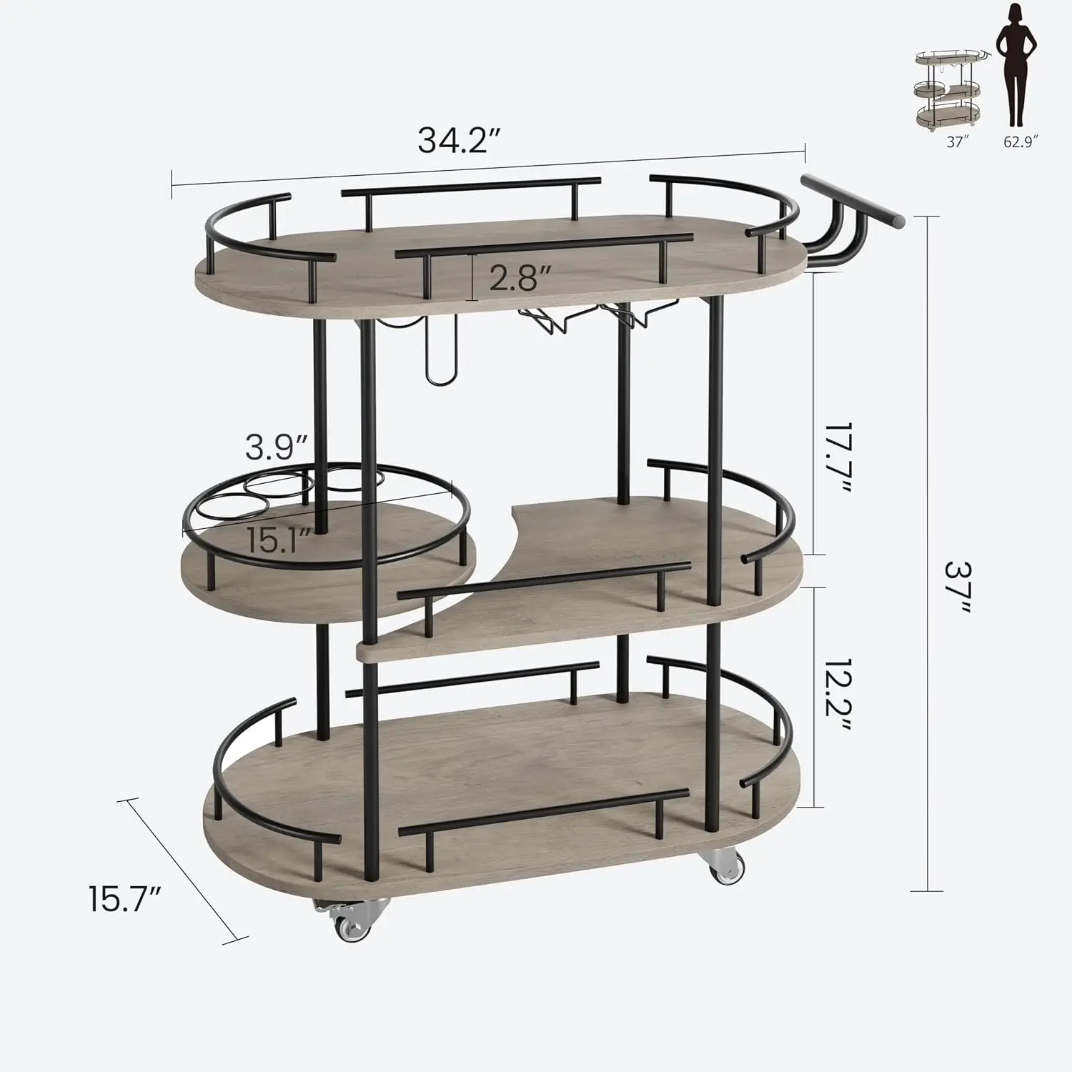 3-Tier Bar Cart on Wheels, Mobile Serving Cart with Wine Rack and Glass Holder, Metal Kitchen Utility Cart for Coffee Station