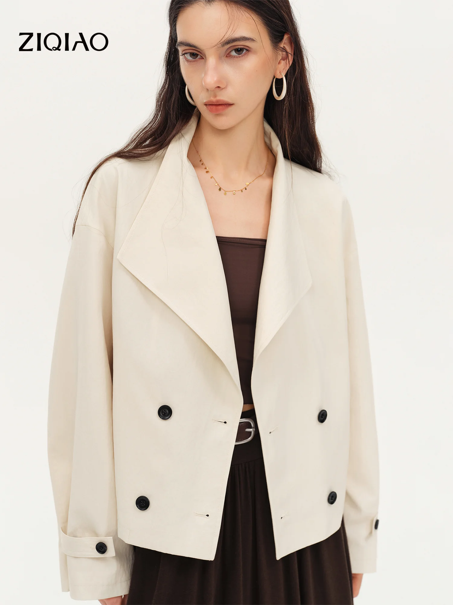 ZIQIAO 2026 Fall Women's Cropped Double-Breasted Trench Coat, Notched Lapel Belted H-Line Short Jacket for Vintage Chic Style