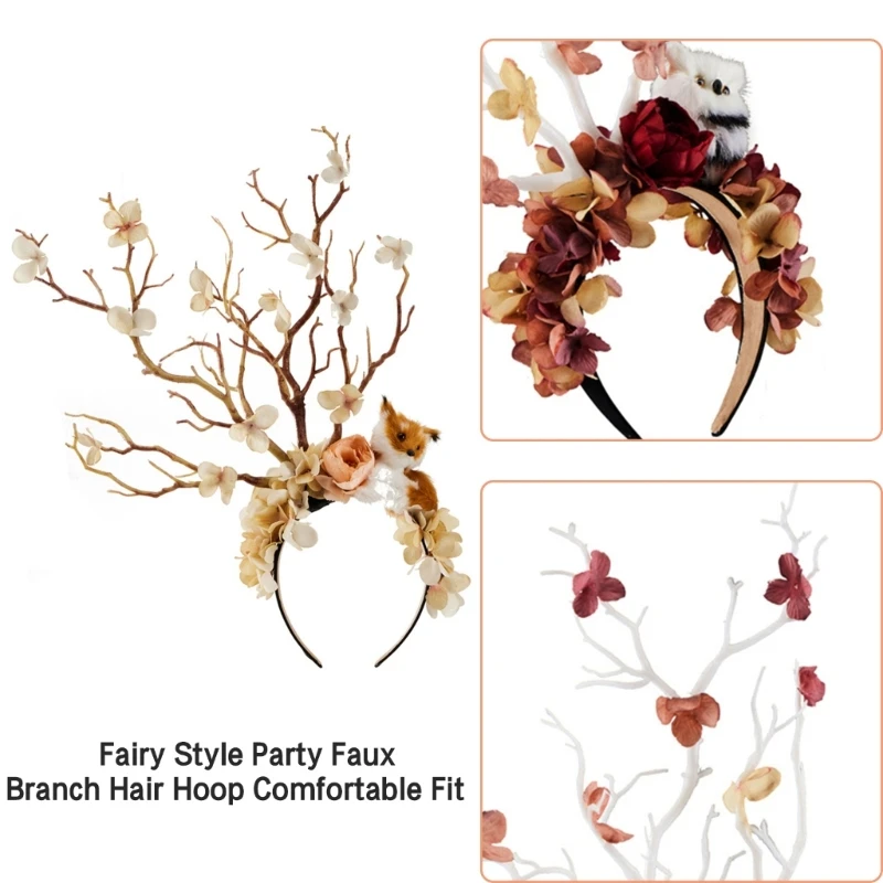 

Handmade Flower Branch Headbands Girl Cosplay Headwear Witch Branch Fursuit Masquerades Halloween Cosplay Party