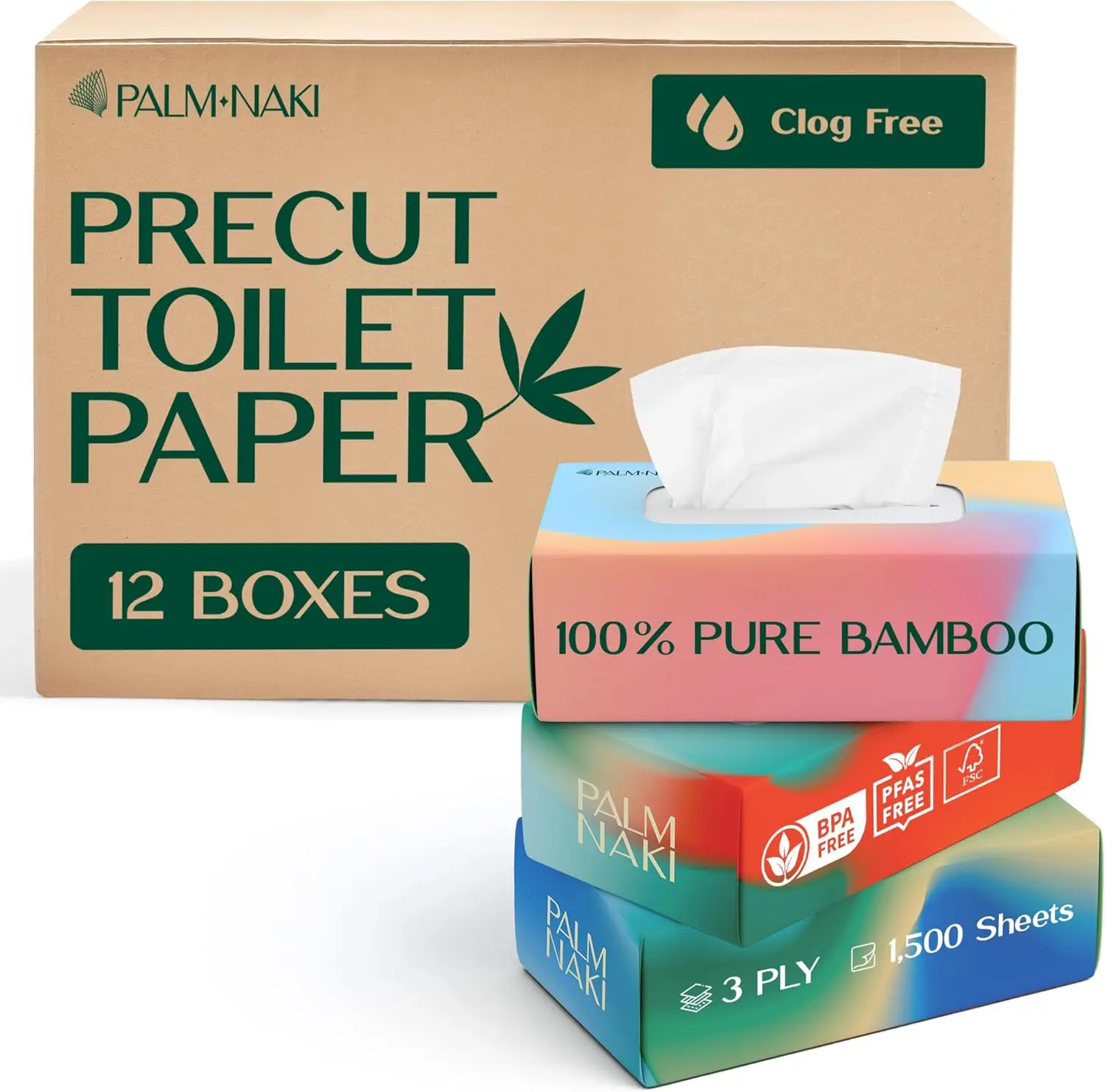 

Pre-Cut Bamboo Toilet Paper, 3-Ply Tissue Boxes - Gentle, Sustainable & Septic Safe | 12 Boxes (125 Sheets/Box)
