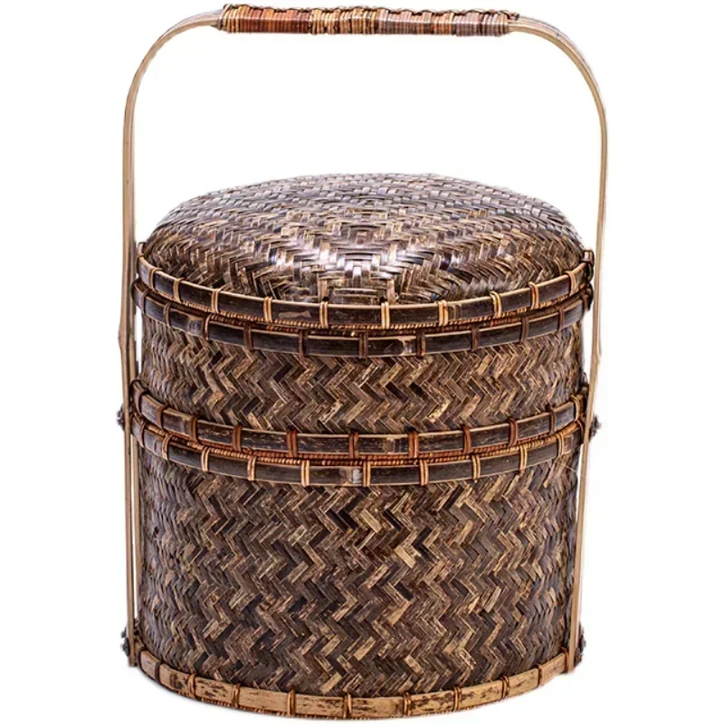 

Handgefertigter, aus Bambus gewebter Picknickkorb, tragbare Retro-Teeset-Aufbewahrung, Haushalts-Organizer, traditionelle Bastel