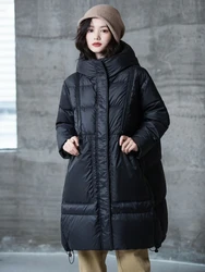 Women Jacket Winter New Fashion Loose Hooded Mid-length Down Jacket White Duck Down Thicked Warm Puffer Jacket Light Fluffy Tops