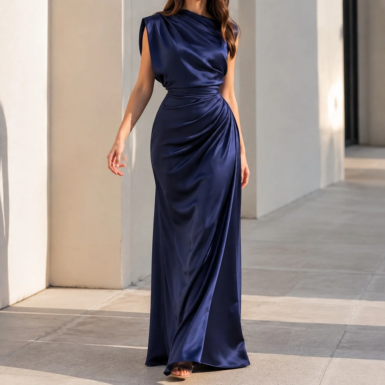 Round Neck Pullover Gown Slim Fit Private Celebrity Style with Sleeveless Asymmetrical Hem Midi Waist Party Dress for Women