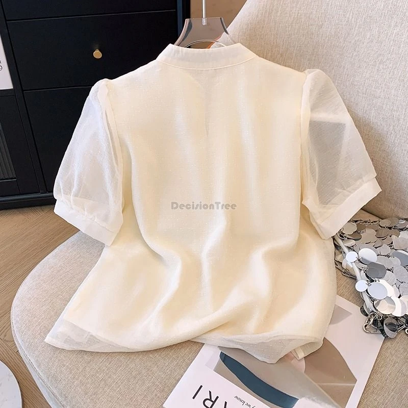 2024 new chinese style embroidery chiffon shirt women spring summer fashion short sleeve elegant daily tang suit top blouse w847