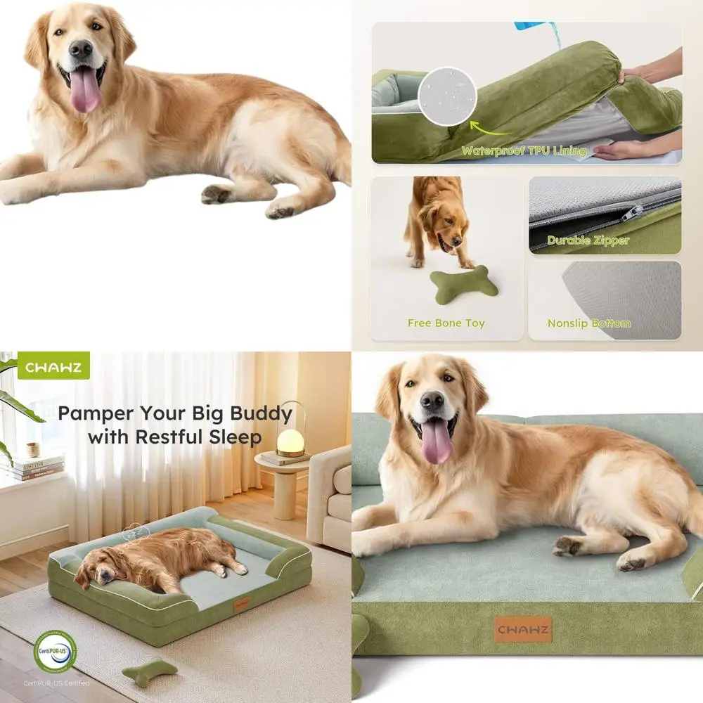

Orthopedic XL Dog Bed with Cooling Gel Foam, Waterproof & Removable Cover, 42 Green Velvet Sofa with Bone Toy