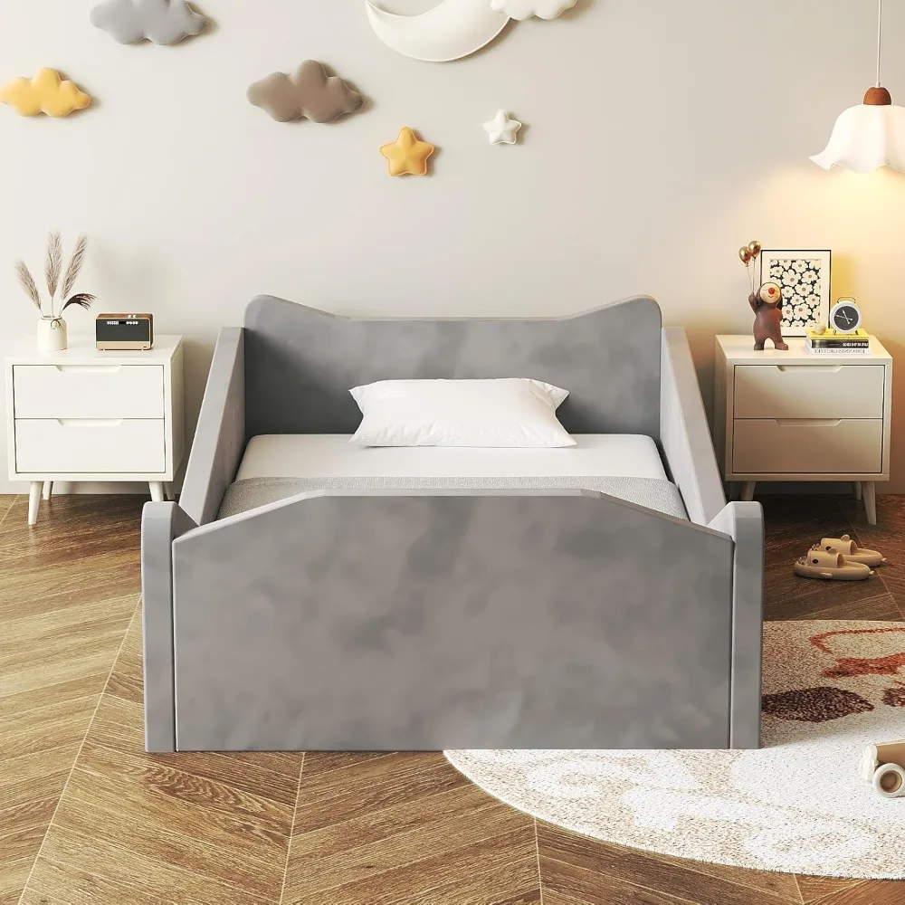 سرير طفل صغير على طراز مونتيسوري مع آذان حيوانات، سرير خشبي منجد مخملي ناعم للرضع مع حاجز حماية آمن