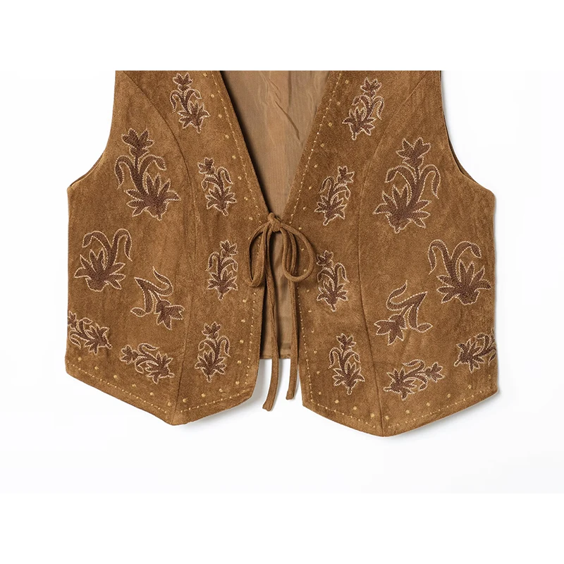 YENKYE 자수 가짜 스웨이드 조끼 여성용 V 넥 민소매 프론트 레이스 업 빈티지 크롭 탑