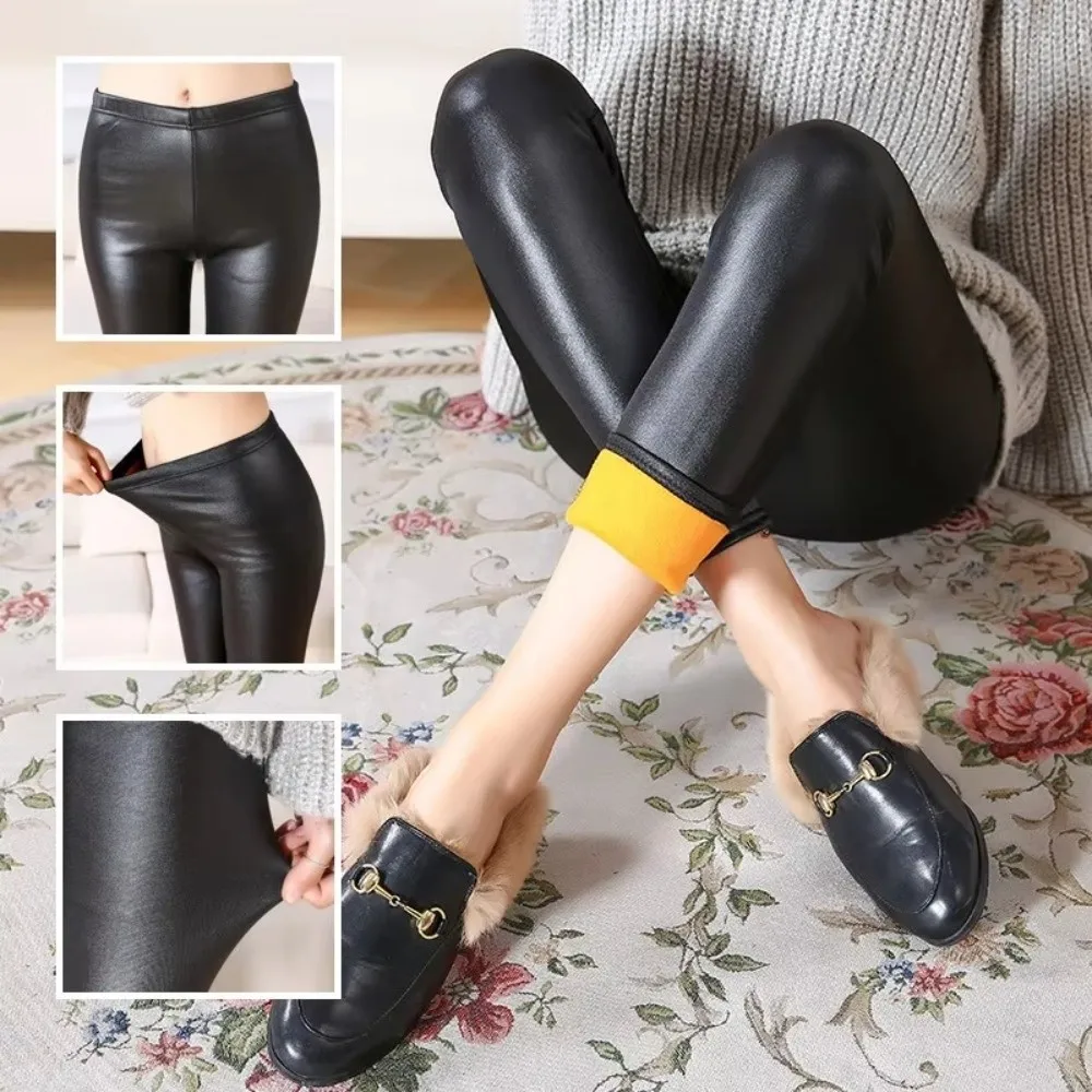 Faux Leather Faux Leather Pants Fleece Lined Stretch Fabric Fleece Lined Leggings Plus Size Elastic Waist Plus Size Outer Wear