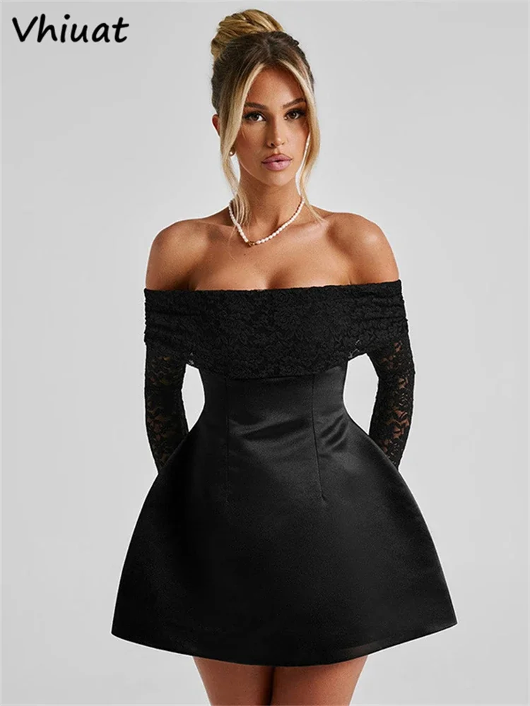 Vhiuat Strapless Off Shoulder Long Sleeve Lace Mini Dress Zipper Mini Dresses Birthday Party A-Line Bodycon Club Party Dress