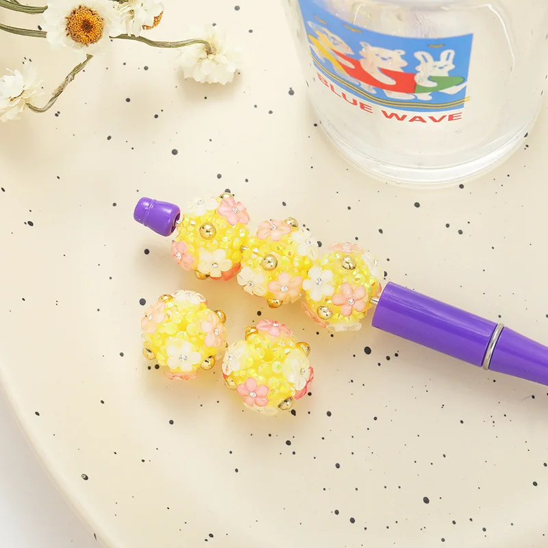 Fresh New AB Colors Crystal Rhinestones Paved Round Gumball Bubblegum Jewelry Beads With Acrylic Flowers Fit Pen DIY 16mm 15pcs