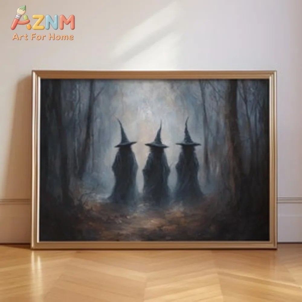 AZNM Three Mysterious Witches Misty Dark Forest Canvas Wall Art, Gothic Spooky Halloween Frameless Canvas Print Poster for Indoo