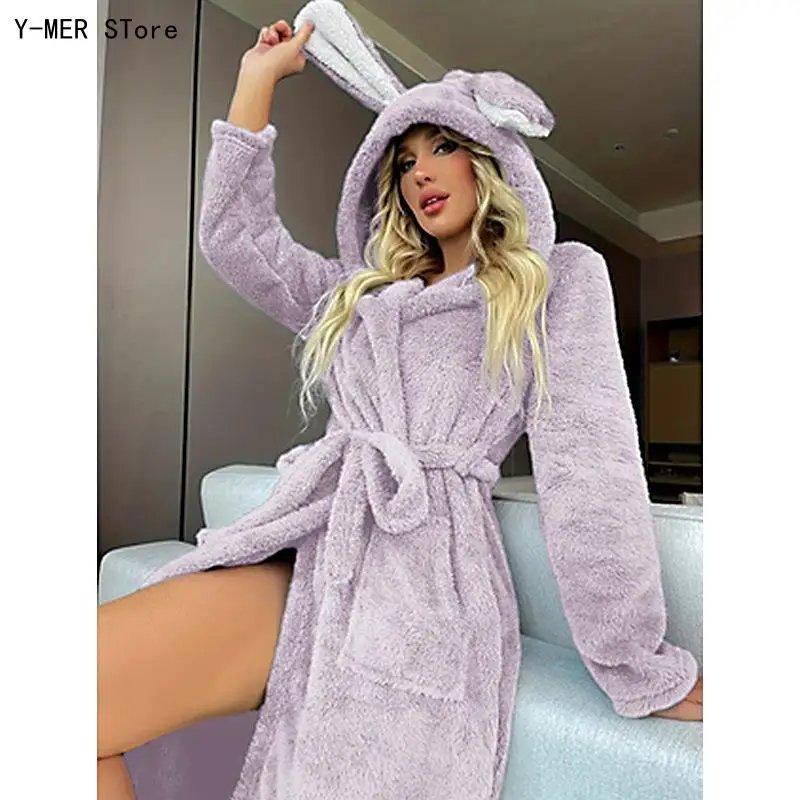 Autumn Winter Fluffy Loose Bathrobe, Long Sleeve Double-Sided Fleece Tie Waist Warm Loungewear Morning Robe Sleepwear