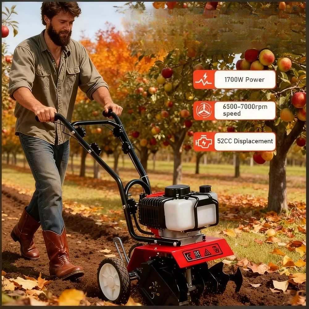 Tiller 1700W 6500-7000RPM Power Cultivator for Large Area Soil Tilling Farm Garden Cultivation Machine Heavy Duty 52CC Garden