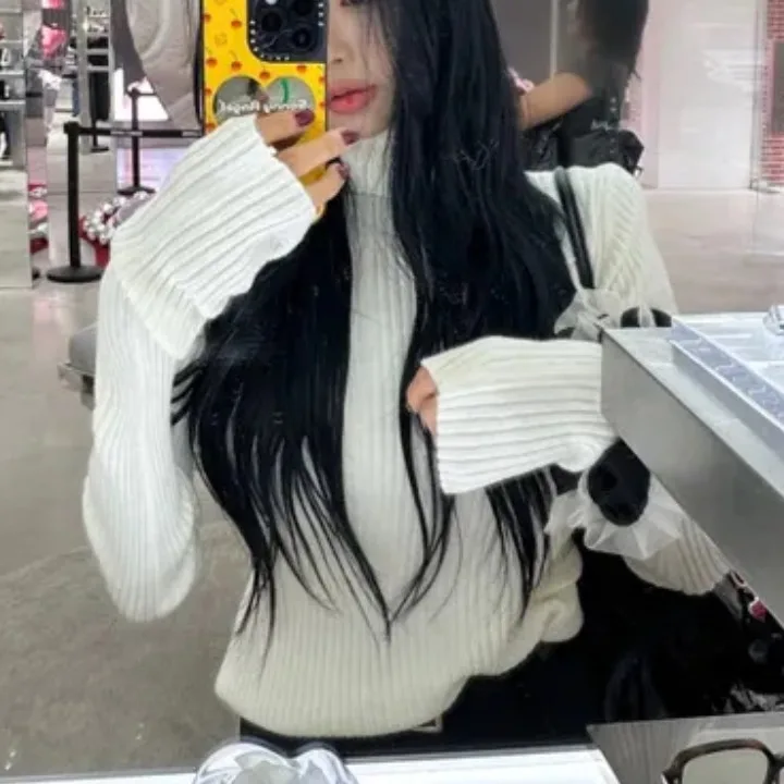 

Шикарный осенний винтажный дизайн, трикотаж с высоким воротником, женский теплый цвет, ленивый свитер из чистого шерстяного волокна, длинный свеч...