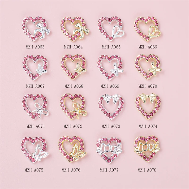 

10pcs/Lot Nail Charms Rhinestone Heart Shape With Butterfly Bow Alloy Material Parts For Manicure Decor Crystal Diamond Supplies