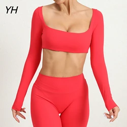 Kare yaka spor gömlek kadın spor uzun kollu T-shirt Fitness Yoga giyim bayanlar için kırpma üst spor egzersiz üst bardak ile