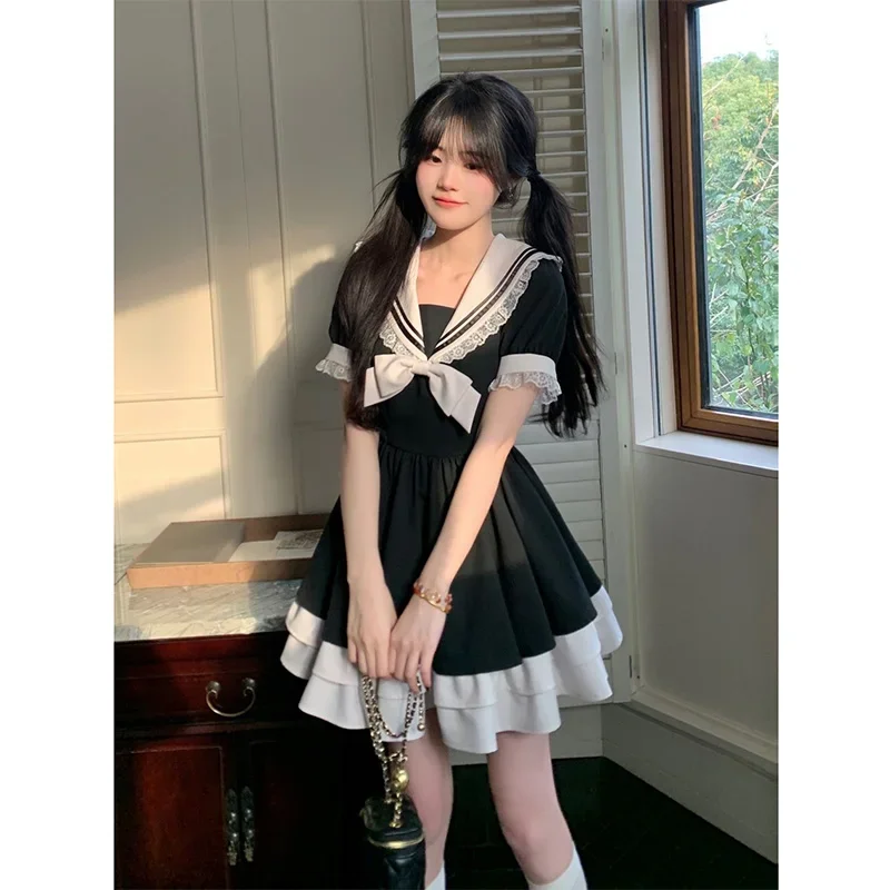 

Black Dress Women Bow Japanese Cute Lolita Dress Women Sweet lace Puff Sleeve Student Dresses Party Sailor Collar Kawaii Dress