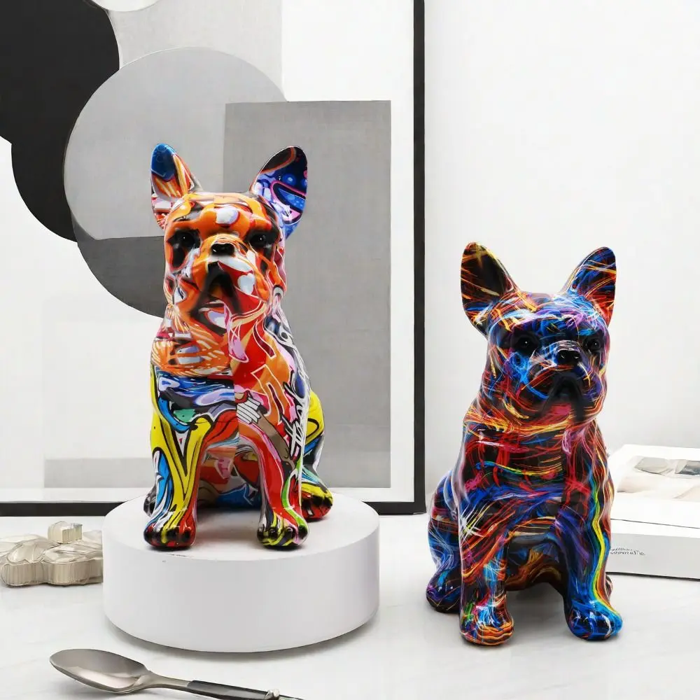 Kawaii Graffiti French Bulldog Statue Cartoon Mini Colorful Dog Statue Durable Romance Painted Bulldog Statue Car