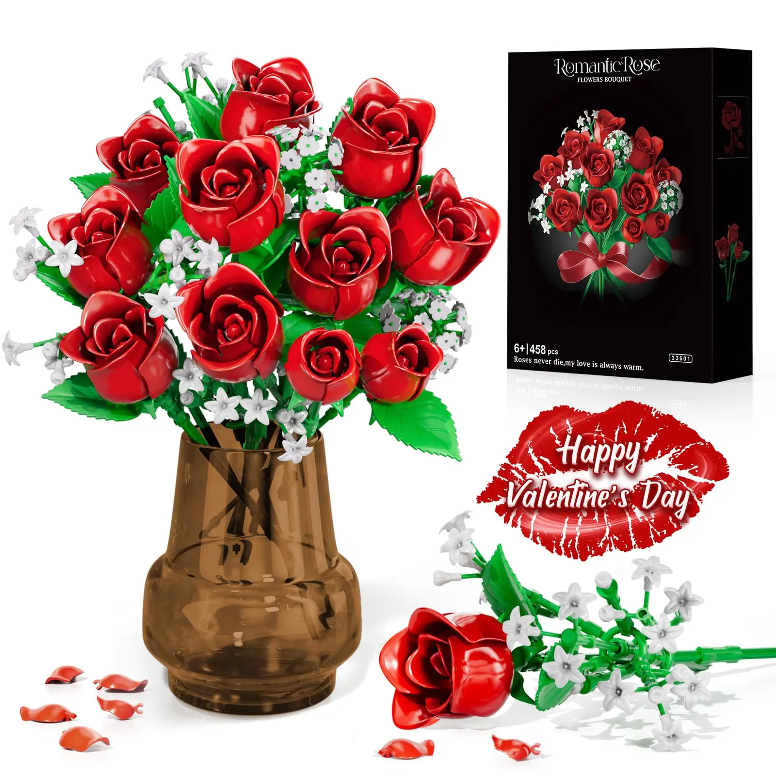 

Rose Bouquet Building Kit, Artificial Flower Decor Set, 458PCS Romantic Red Rose Gift for Mother's Day/Valentine's Day