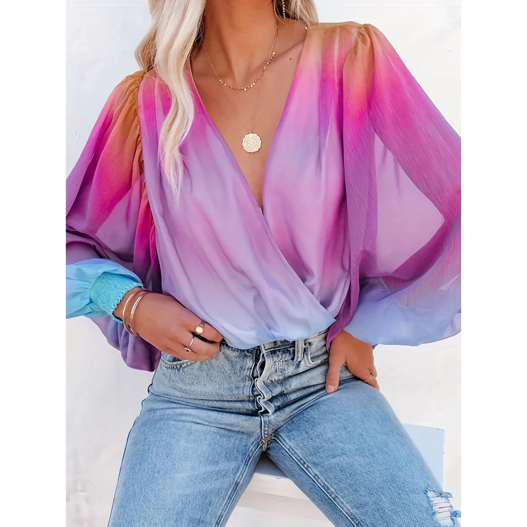 

Women's Gradient Shirt Chiffon Fashion Sexy Printed Pullover Long Sleeve Shirt for Women