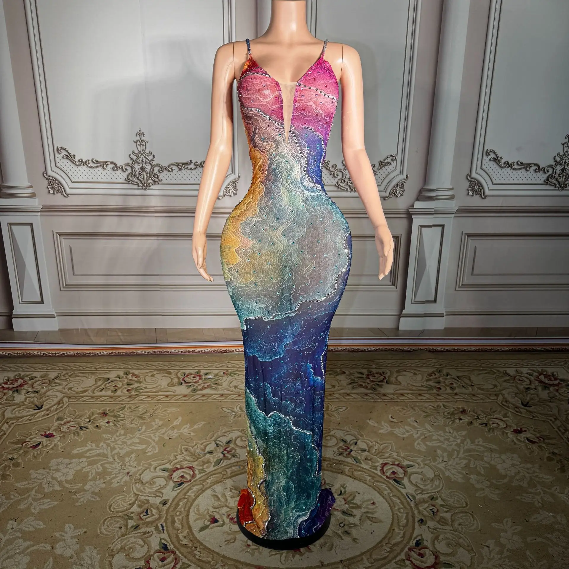 Summer color rhinestone abstract ink wash print slimming sleeveless dress for formal events and parties, high-quality formal gow
