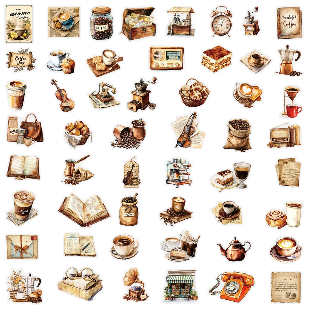 50PCS 레트로 커피 스티커 노트북 전화 기타 스케이트 보드 컴퓨터 워터 컵 방수 데스크탑 장식 스티커