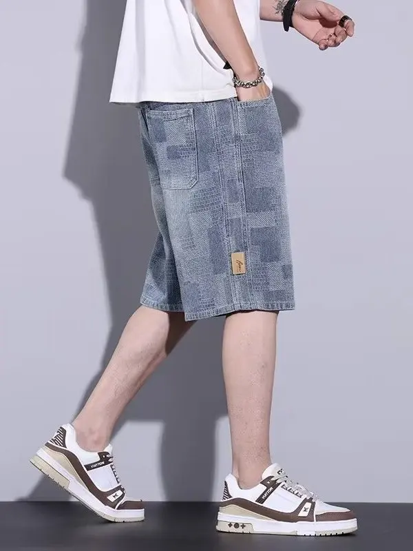 ฤดูร้อนบาง DENIM ort กางเกงผู้ชาย 2025 ใหม่อเมริกัน High Street วัยรุ่นสบายๆห้าจุดอินเทรนด์ Star ลวดลายกางเกงยีนส์