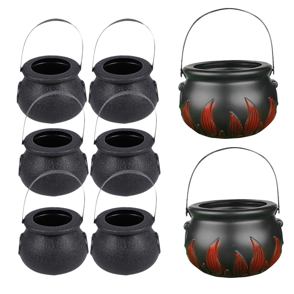 

8pcs Halloween Bucket 2 Large Flame Buckets 6 Small Witch Pots Plastic Trick Treat Party Accessories Black Kettle