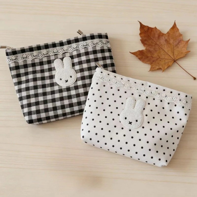 Miffy Rabbit Kawaii Anime Cartoon Cosmetic Bag Cute Storage Hand Holding Grid Polka Dots Zipper Portable Sundries Small Bag