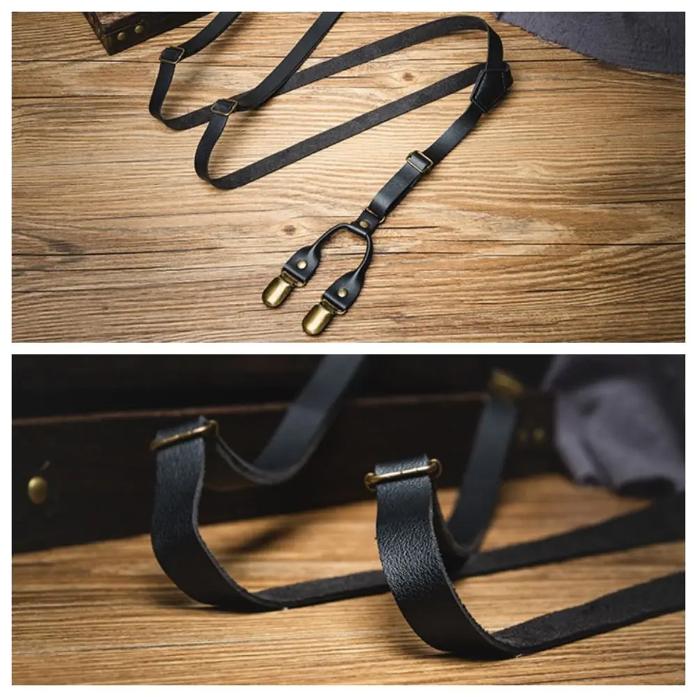 シンプルな15cm幅のメンズサスペンダー、レトロな黒革サスペンダー、英国風滑り止めサスペンダークリップ付き