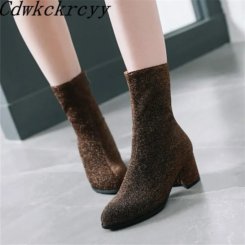 winter New pattern fashion Round head black sexy Elastic force Thin leg Boots Square following Add wool Keep warm Women Boots