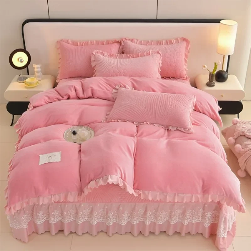 2024 popular solid color Korean version milk velvet lace bed cover bed skirt three-piece set four-piece set single quilt cover