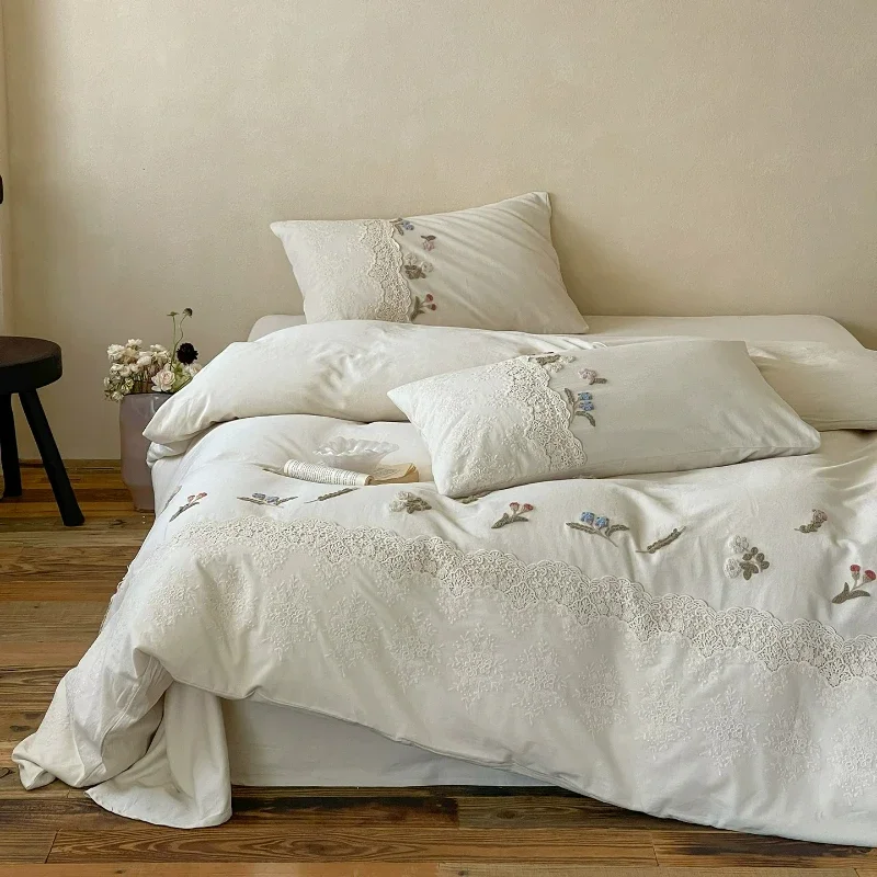 High End Cotton and Linen Four Piece Set Pure Cotton Duvet Cover Three-dimensional Embroidered Duvet Cover Bed Sheet Bedding