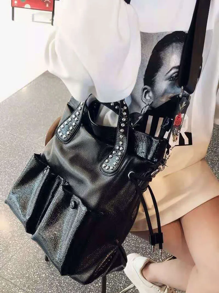 Large Capacity Women Casual Totes Letters Printed Diamonds Fashion Big Shoulder Bag Harajuku Handbag Wide Strap Crossbody Bags