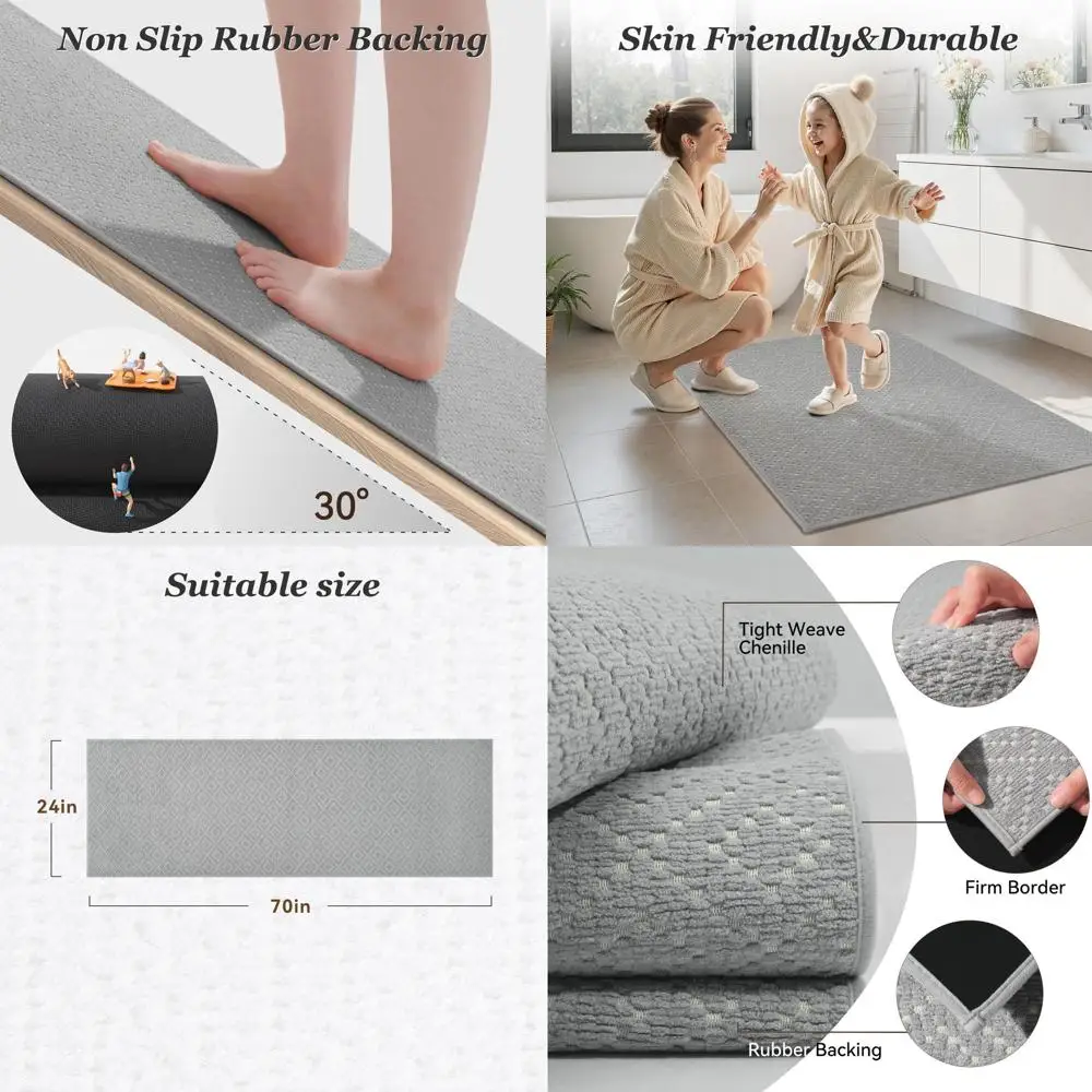 

Grey Super Absorbent Thin Bath Mat, 24x70, Quick-Dry Non-Slip Rubber Backing, Chenille Surface, Fits Under Door