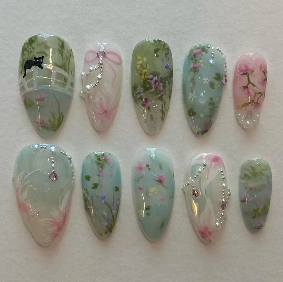 24 uñas postizas de longitud media, cabeza redonda almendrada, cubierta completa, con degradado rosa, loto y perlas, reutilizables 5