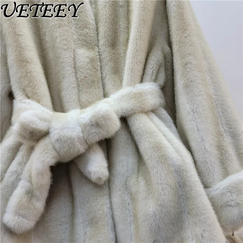 

Autumn Winter New Korean Style Socialite Stand Collar Faux Mink Fur Coat Fashion Women's Belted Waist Leather Fur Overcoat