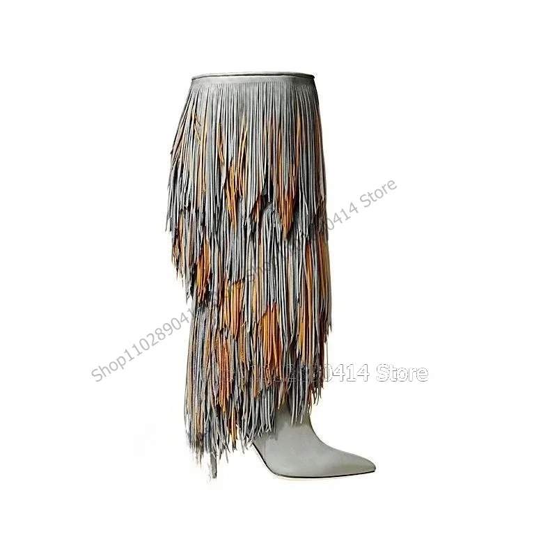 

Colorful Tassels Decor Pointed Toe Boots Over The Knee Women Shoes Stilettos High Heels Fashion 2023 Zapatos Para Mujere