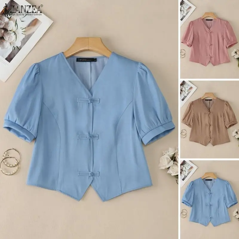 

ZANZEA 2026 Summer Blouse Women Elegant V Neck Short Sleeve Cropped Tops Solid Slim Fit Work Shirt Holiday Blusas Mujer Femme