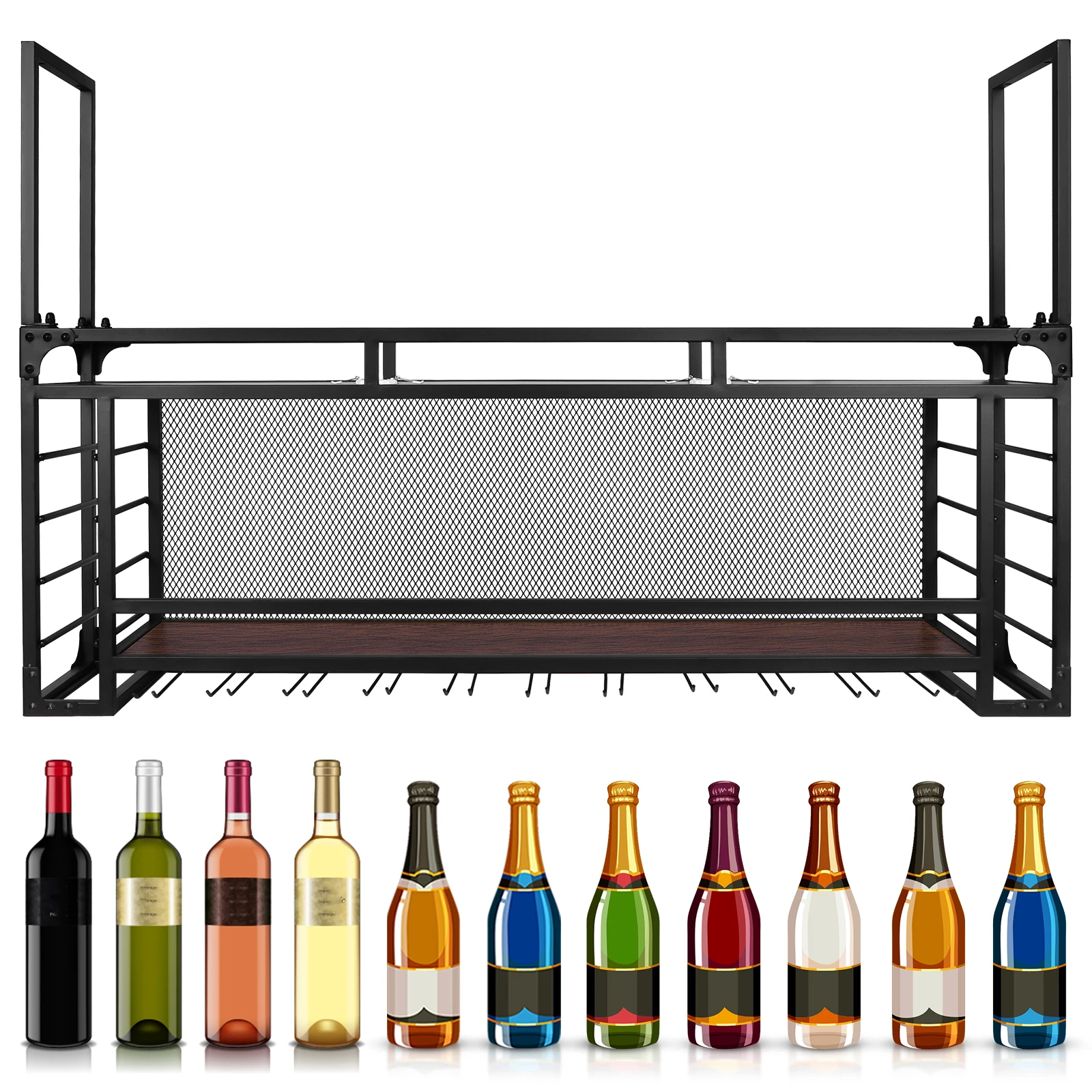 Wall Mounted 2 -Tiers Wine Shelf Storage Simple Type With Light Wine Bottle Display Rack Hanging Shelf for Bar Restaurant Indoor