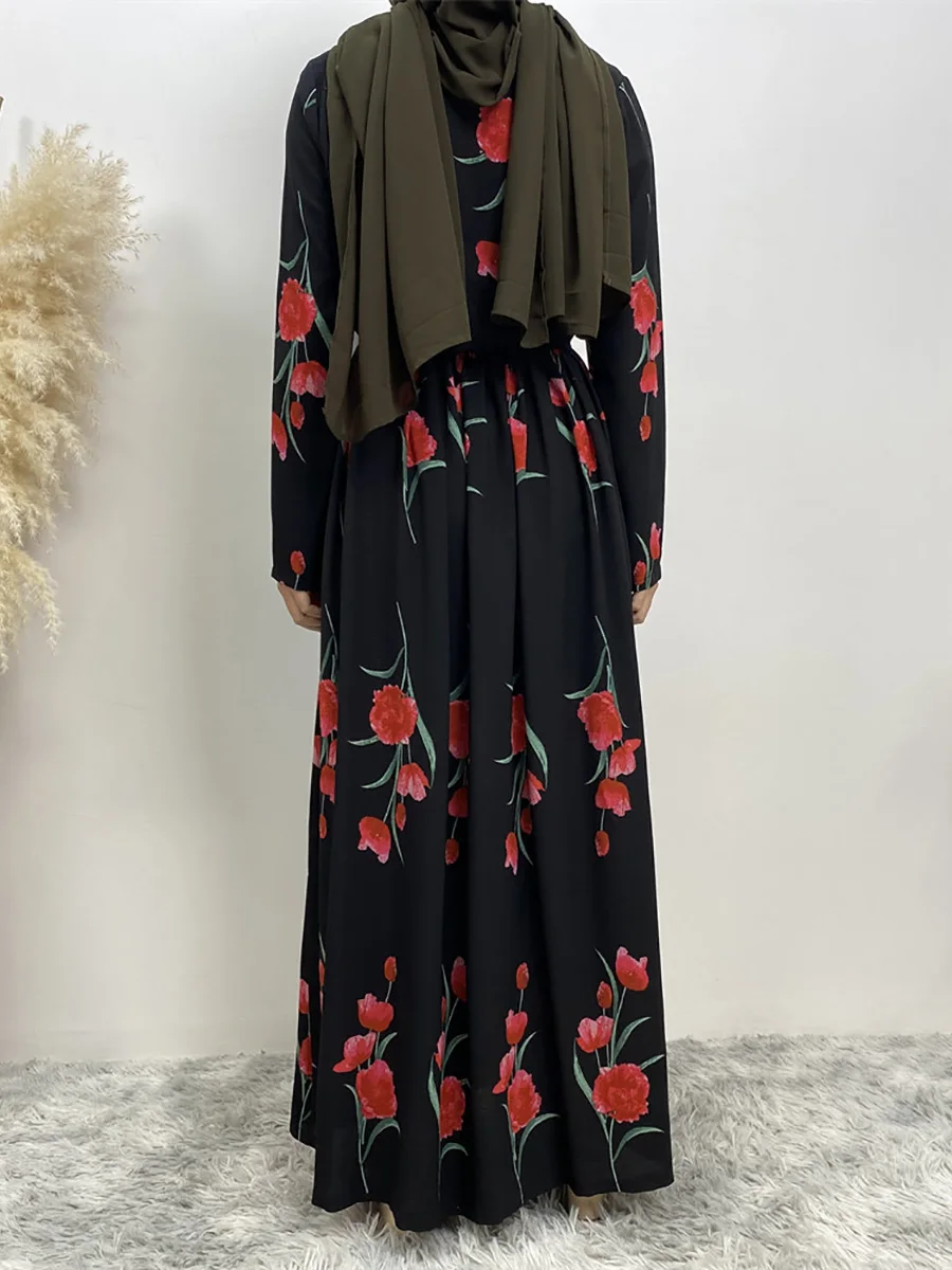 Vintage Long Sleeve Floral Printed Muslim Long Dress  Spring Dubai Turkey Abaya Hijab Dress Jilbab Islamic Clothing Robes