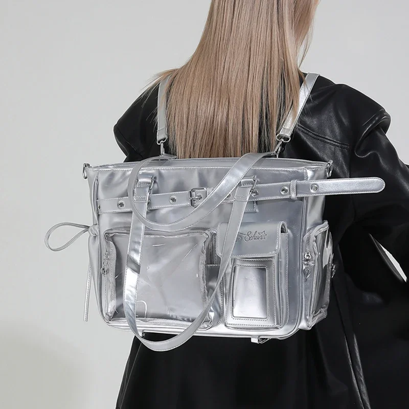 

3-in-1 Transparent Ita Tote Backpack, Large Capacity PU Leather Shoulder Bag with Clear Window,Multi-compartment Versatile Bag