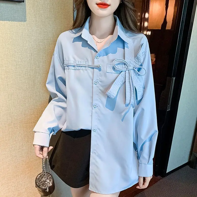 2024 Autumn New Patchwork Bow Polo Collar Sweet Blouse Single Breasted Fashion Solid Loose Casual Long Sleeved Blouses Shirts