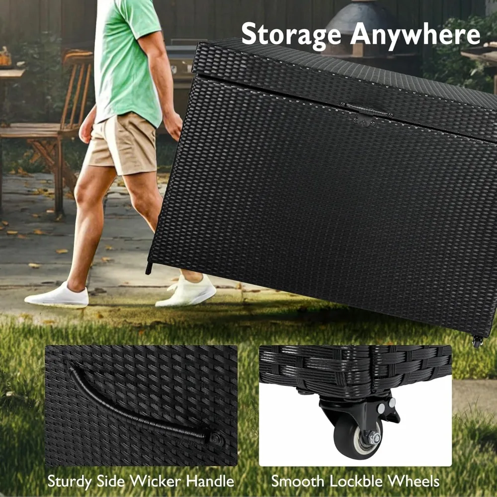 صندوق سطح من الخيزران للأماكن الخارجية سعة 230 جالونًا مع عجلات قابلة للقفل، صندوق تخزين من الروطان لأثاث الفناء، وسائد خارجية، مناسب لجميع الأحوال الجوية