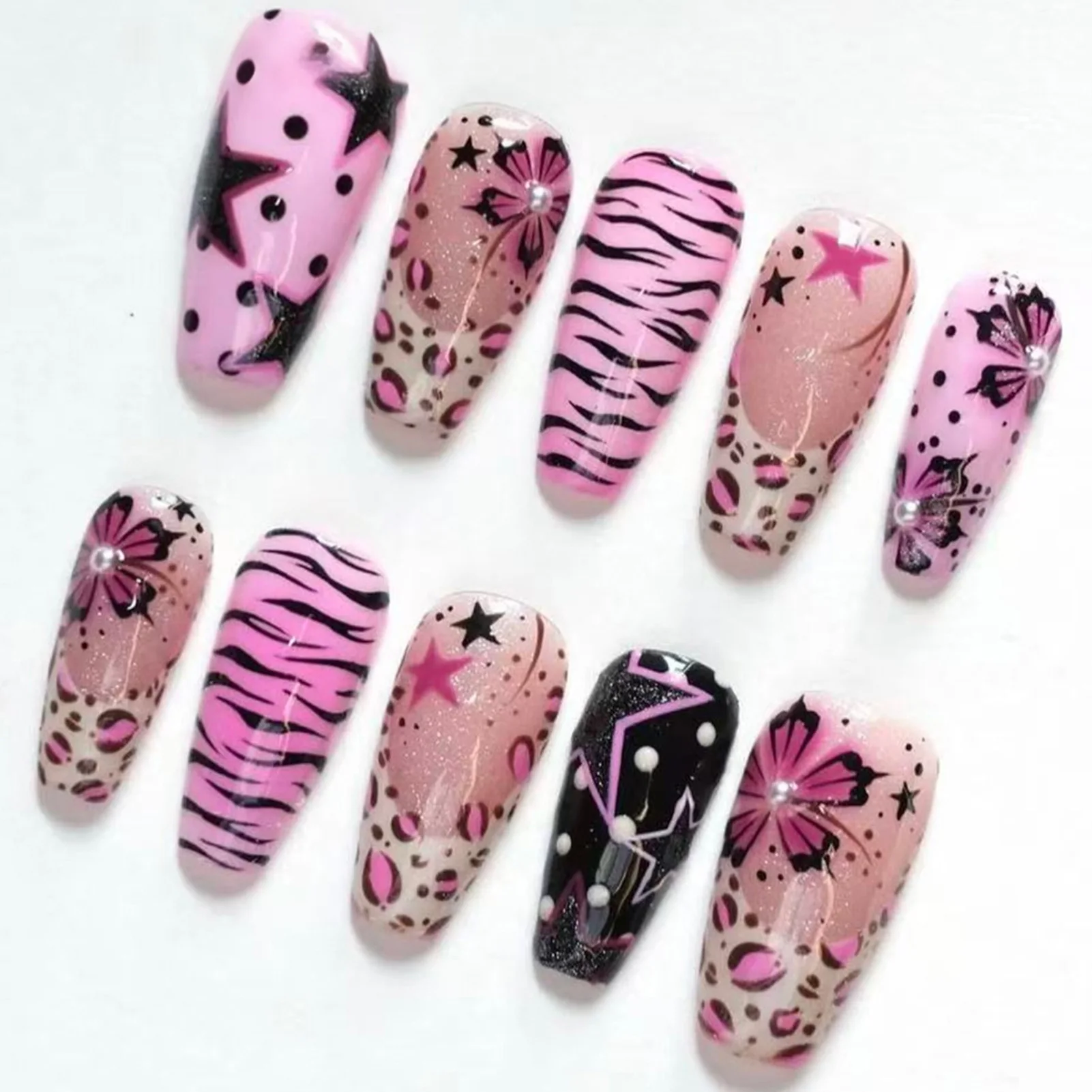24pcs Women's False Nails Y2k Five-pointed Star 3D Pearl Decorated Fake Nails For Spicy Girl Leopard Print Flower Manicure Art