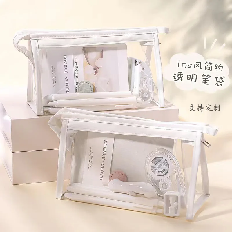 Transparent Pencil Case Aesthetic Large Capacity Junior High School Student Stationery Storage Simple Solid Color Japanese Style