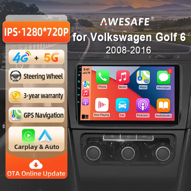 Autoradio Android AWESAFE 9 pouces pour VW Volkswagen Golf 6 2008-2016, CarPlay sans fil et Android Auto, navigation GPS, support multimédia, commande au volant, amplificateur de subwoofer, caméra arrière avec CAN-BUS Plug and Play, autoradio numérique DAB+, autoradio 2 DIN, autoradio stéréo