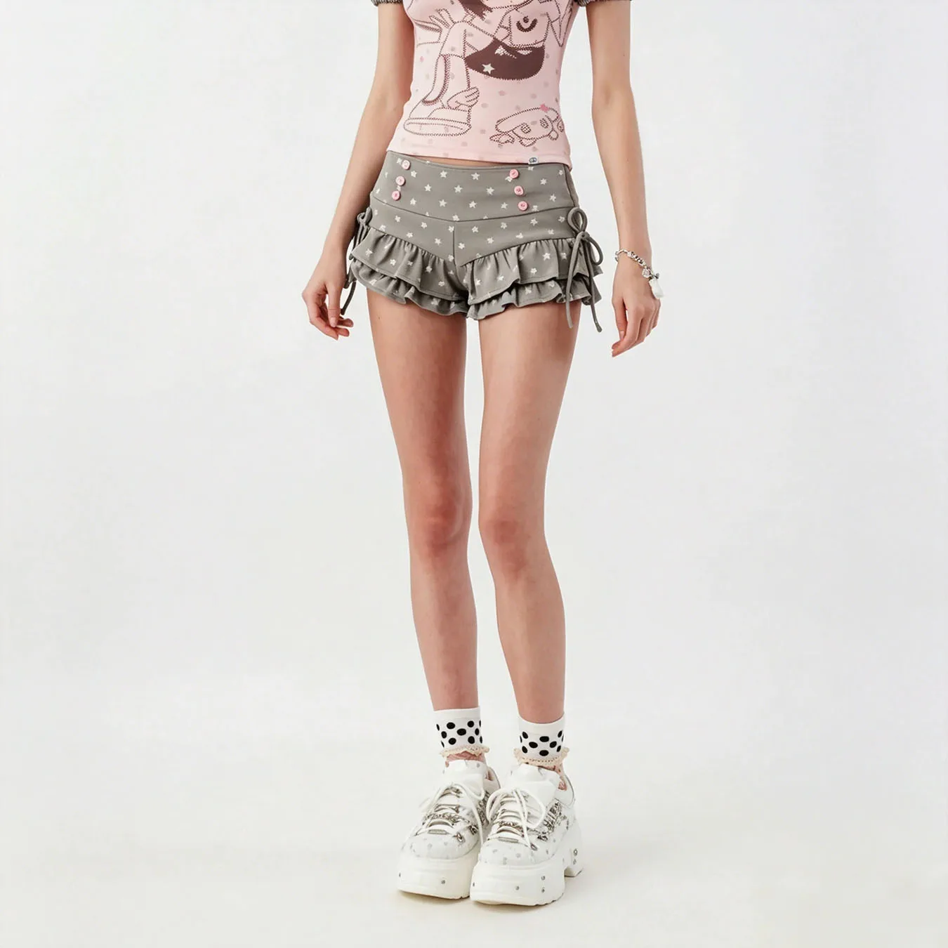 Summer retro new low rise double-sided drawstring double-layer ruffle edge star printed women's shorts