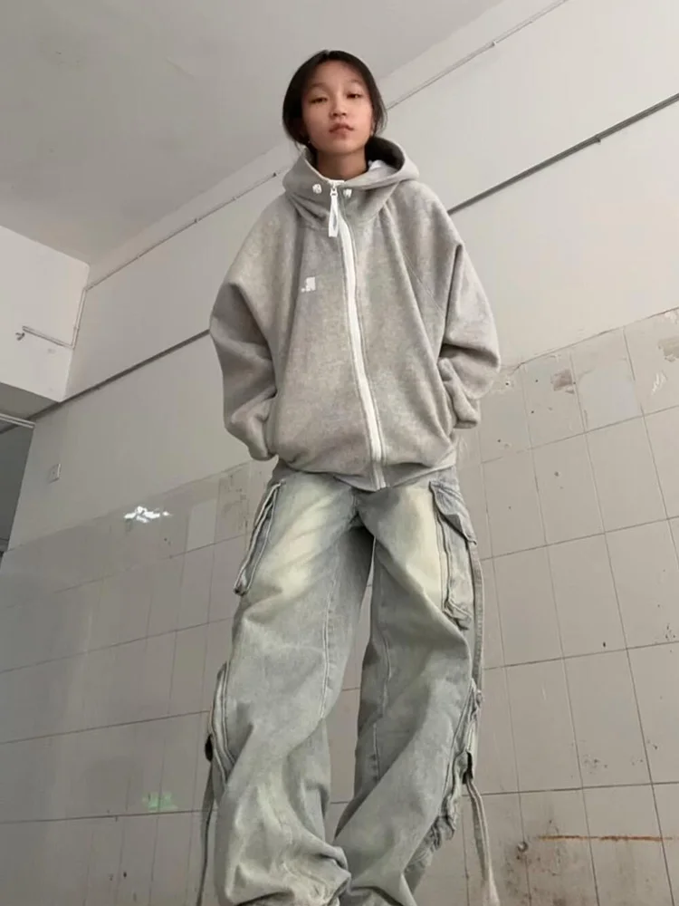 Americano retro thiened oversized casual com capuz aberto cardigan lã moletom feminino outono inverno solto preguiçoso casal outfits