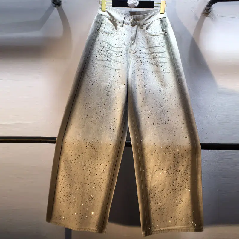 

2026 Spring New Heavy Industry High Temperature Hot Diamond Painted High Waistslimming Lookstraight-legjeanspants Women's Pants